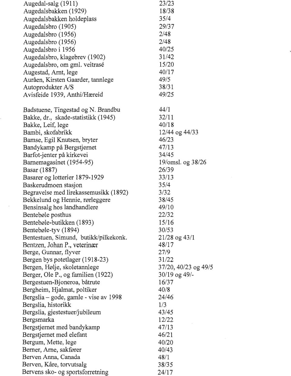 , skade-statistikk (1945) Bakke, Leif, lege Bambi, skofabrikk Bamse, Egil Knutsen, bryter Bandykamp på Bergstjemet Barfot-jenter på kirkevei Bamemagasinet (1954-95) Basar (1887) Basarer og lotterier