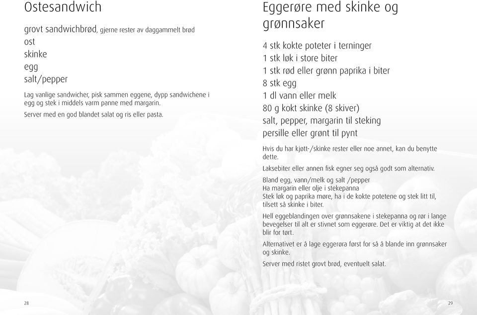 Eggerøre med skinke og grønnsaker 4 stk kokte poteter i terninger 1 stk løk i store biter 1 stk rød eller grønn paprika i biter 8 stk egg 1 dl vann eller melk 80 g kokt skinke (8 skiver) salt,