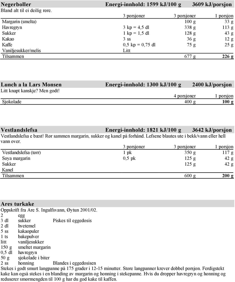 Vaniljesukker/melis Litt Tilsammen 677 g 226 g Lunch a la Lars Monsen Energi-innhold: 1300 kj/100 g 2400 kj/porsjon Litt knapt kanskje? Men godt!