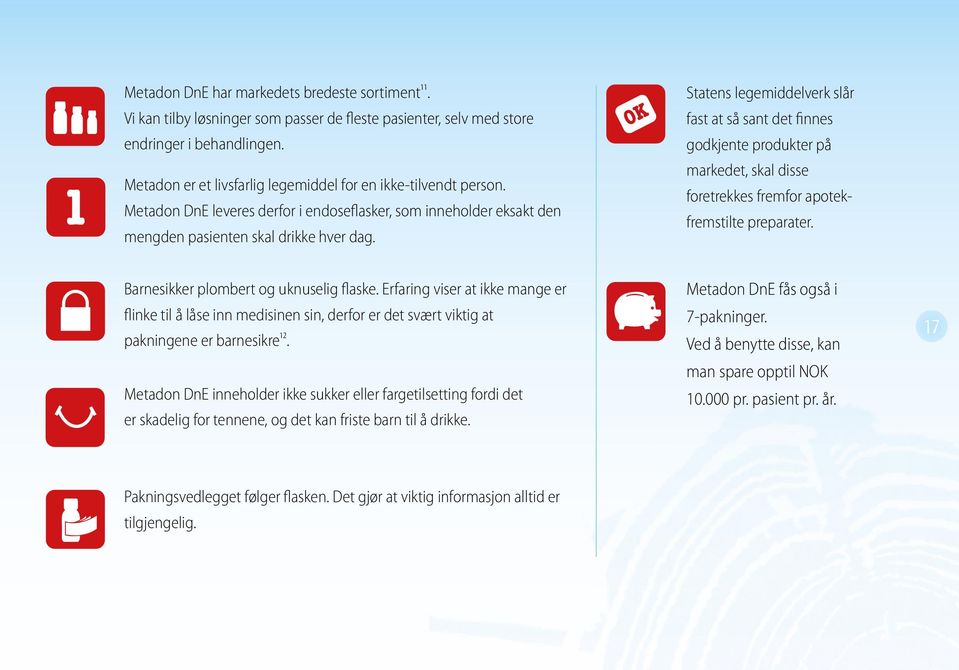 Statens legemiddelverk slår fast at så sant det finnes godkjente produkter på markedet, skal disse foretrekkes fremfor apotekfremstilte preparater. Barnesikker plombert og uknuselig flaske.