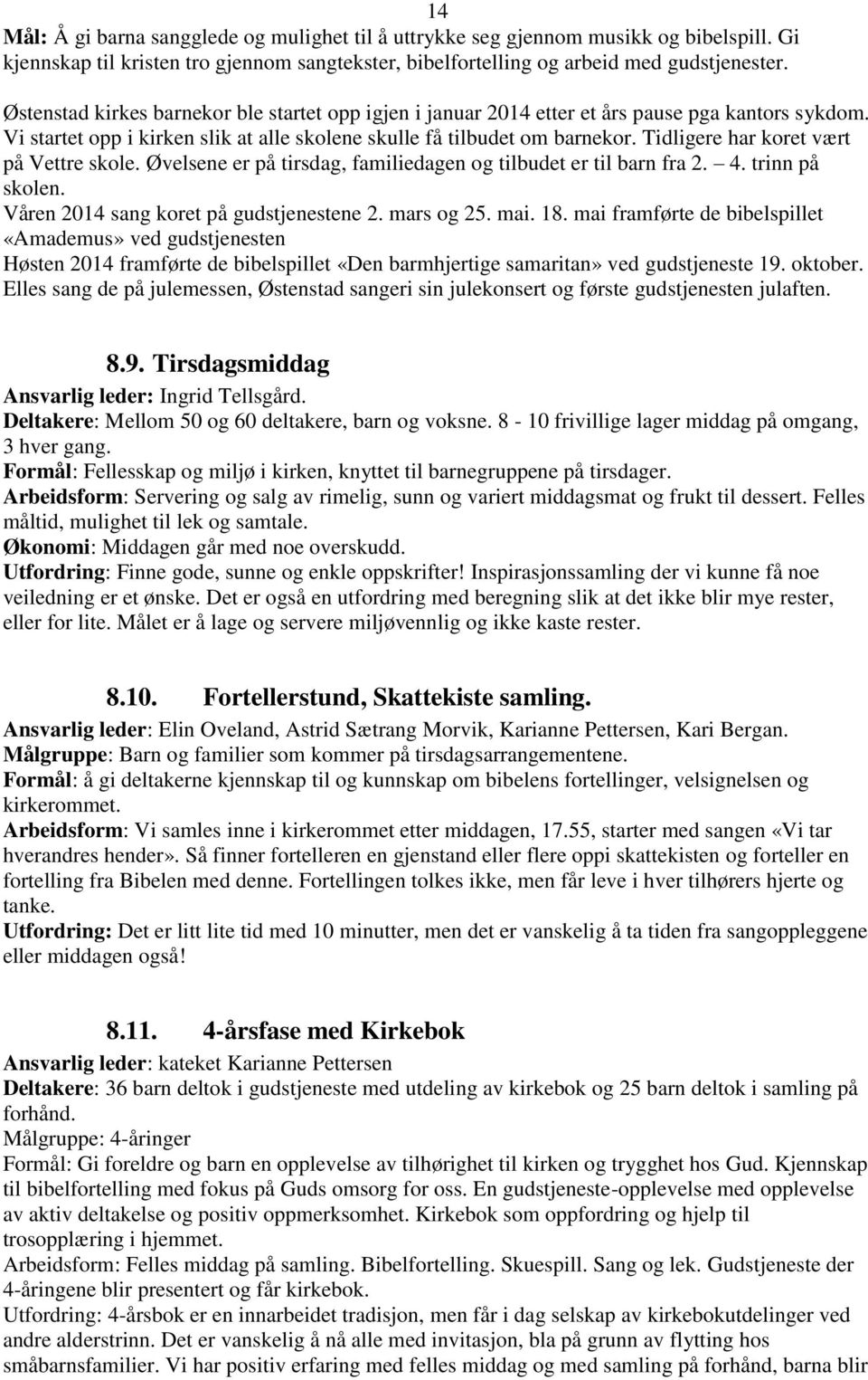 Tidligere har koret vært på Vettre skole. Øvelsene er på tirsdag, familiedagen og tilbudet er til barn fra 2. 4. trinn på skolen. Våren 2014 sang koret på gudstjenestene 2. mars og 25. mai. 18.