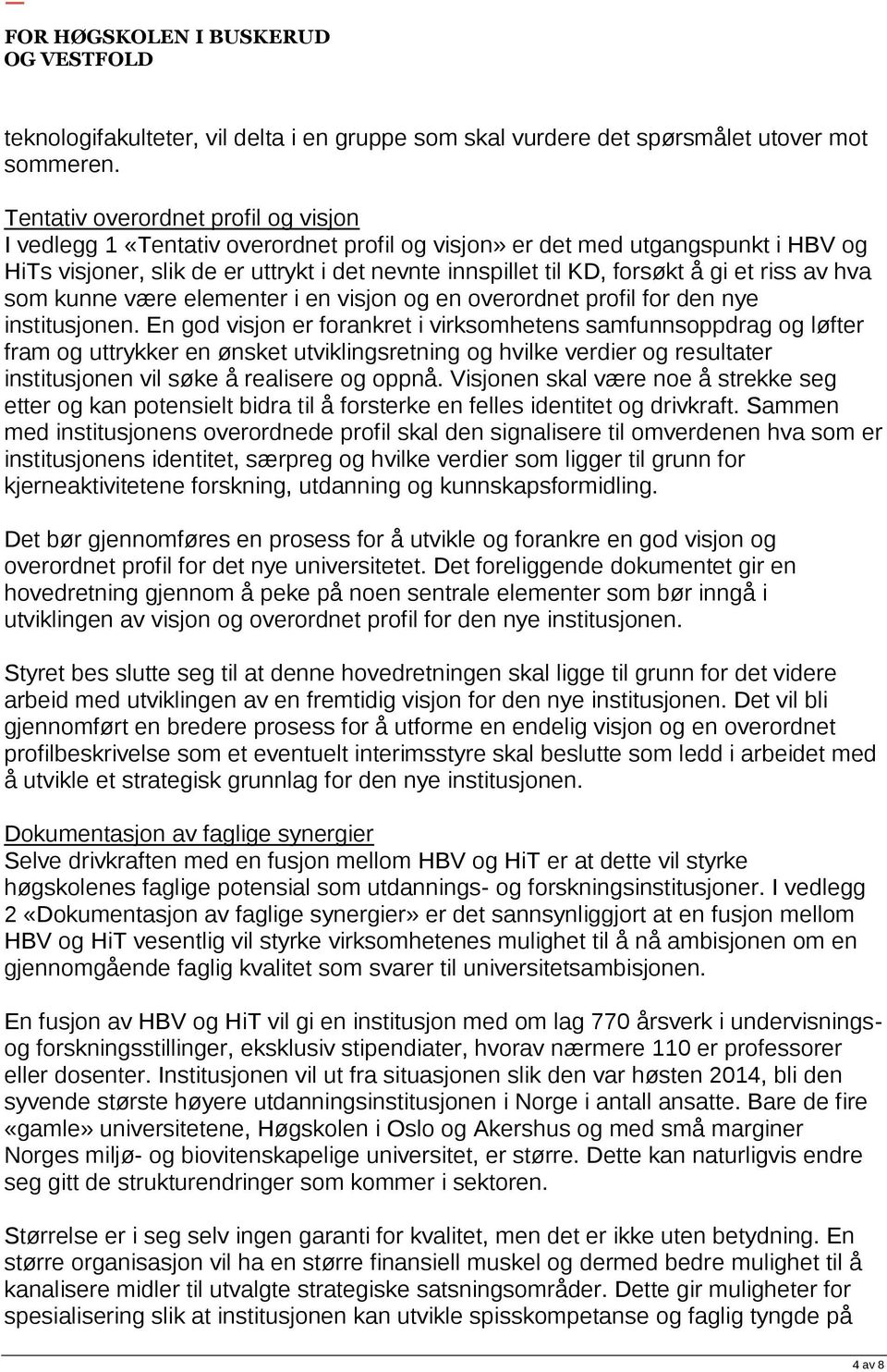 et riss av hva som kunne være elementer i en visjon og en overordnet profil for den nye institusjonen.