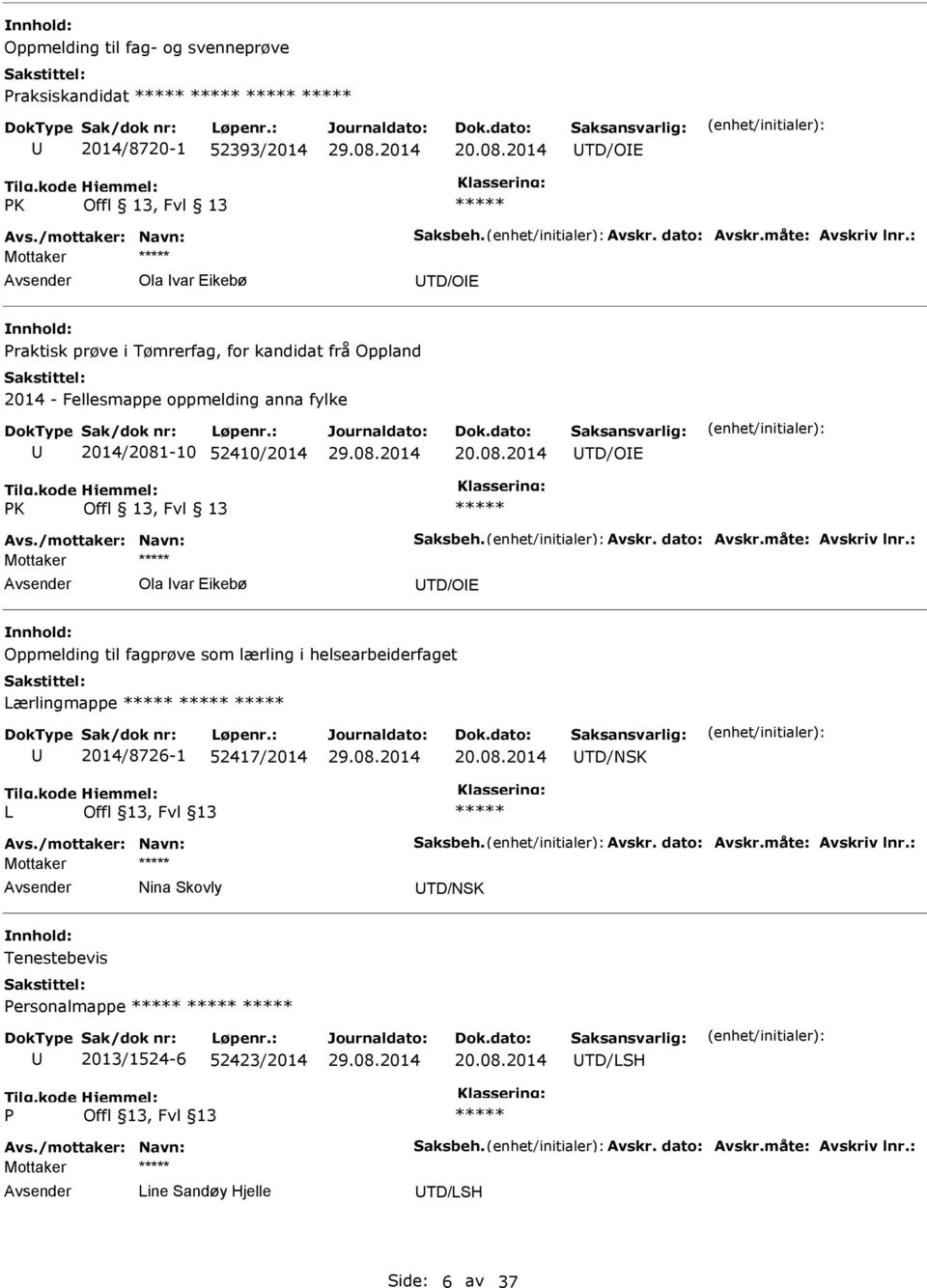 13, Fvl 13 Mottaker Ola var Eikebø TD/OE Oppmelding til fagprøve som lærling i helsearbeiderfaget Lærlingmappe 2014/8726-1 52417/2014