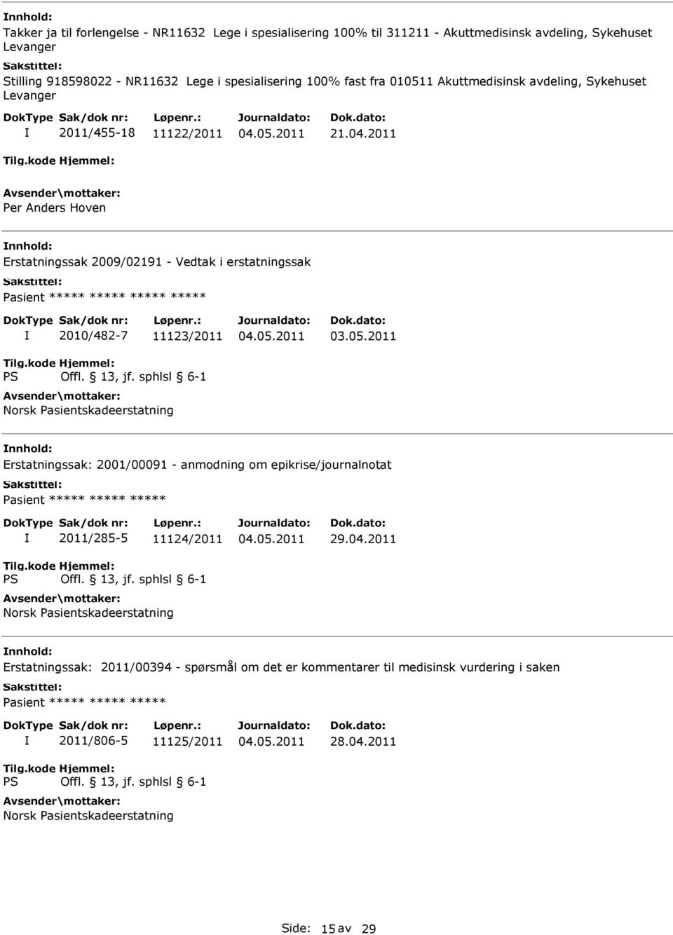 2011 Per Anders Hoven Erstatningssak 2009/02191 - Vedtak i erstatningssak Pasient ***** ***** ***** ***** 2010/482-7 11123/2011 Norsk Pasientskadeerstatning 03.05.