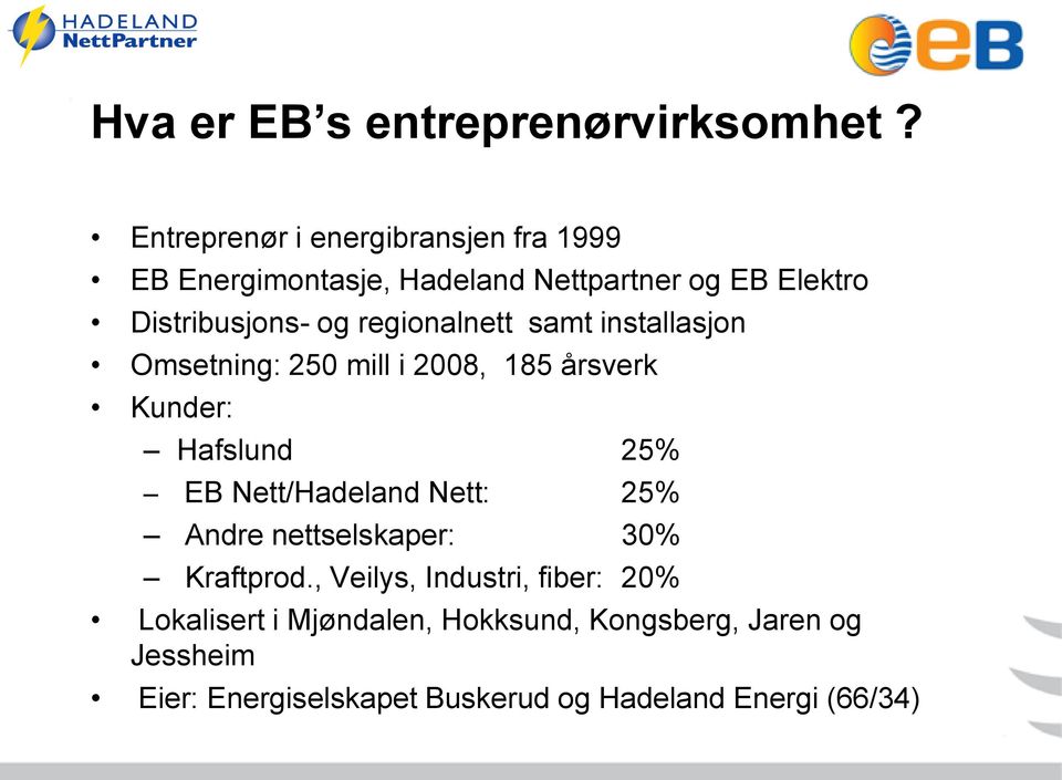 regionalnett samt installasjon Omsetning: 250 mill i 2008, 185 årsverk Kunder: Hafslund 25% EB Nett/Hadeland