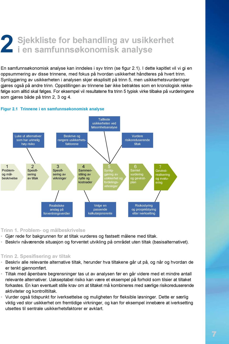 Synliggjøring av usikkerheten i analysen skjer eksplisitt på trinn 5, men usikkerhetsvurderinger gjøres også på andre trinn.