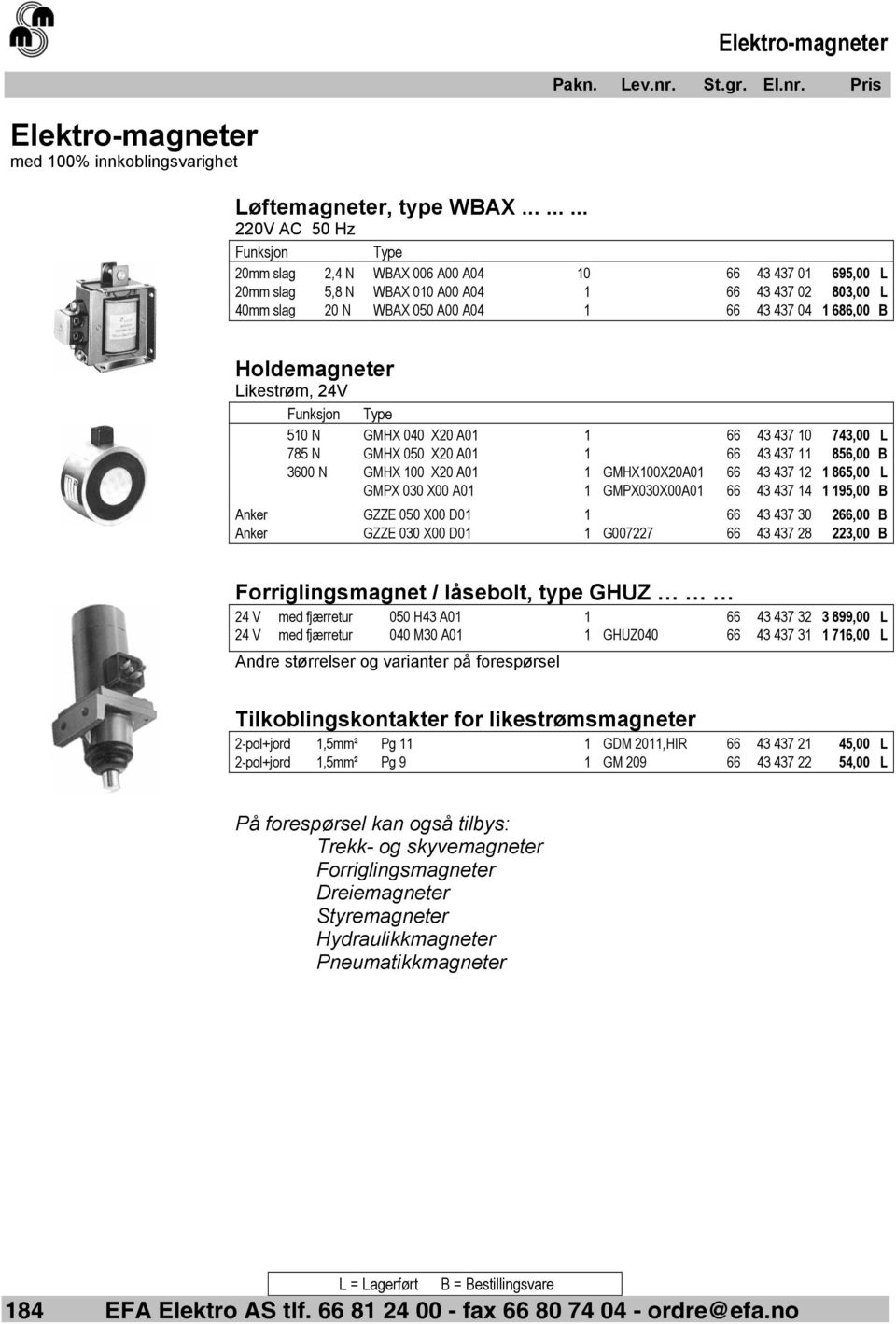 1 686,00 B Holdemagneter Likestrøm, 24V Funksjon Type 510 N GMHX 040 X20 A01 1 66 43 437 10 743,00 L 785 N GMHX 050 X20 A01 1 66 43 437 11 856,00 B 3600 N GMHX 100 X20 A01 1 GMHX100X20A01 66 43 437