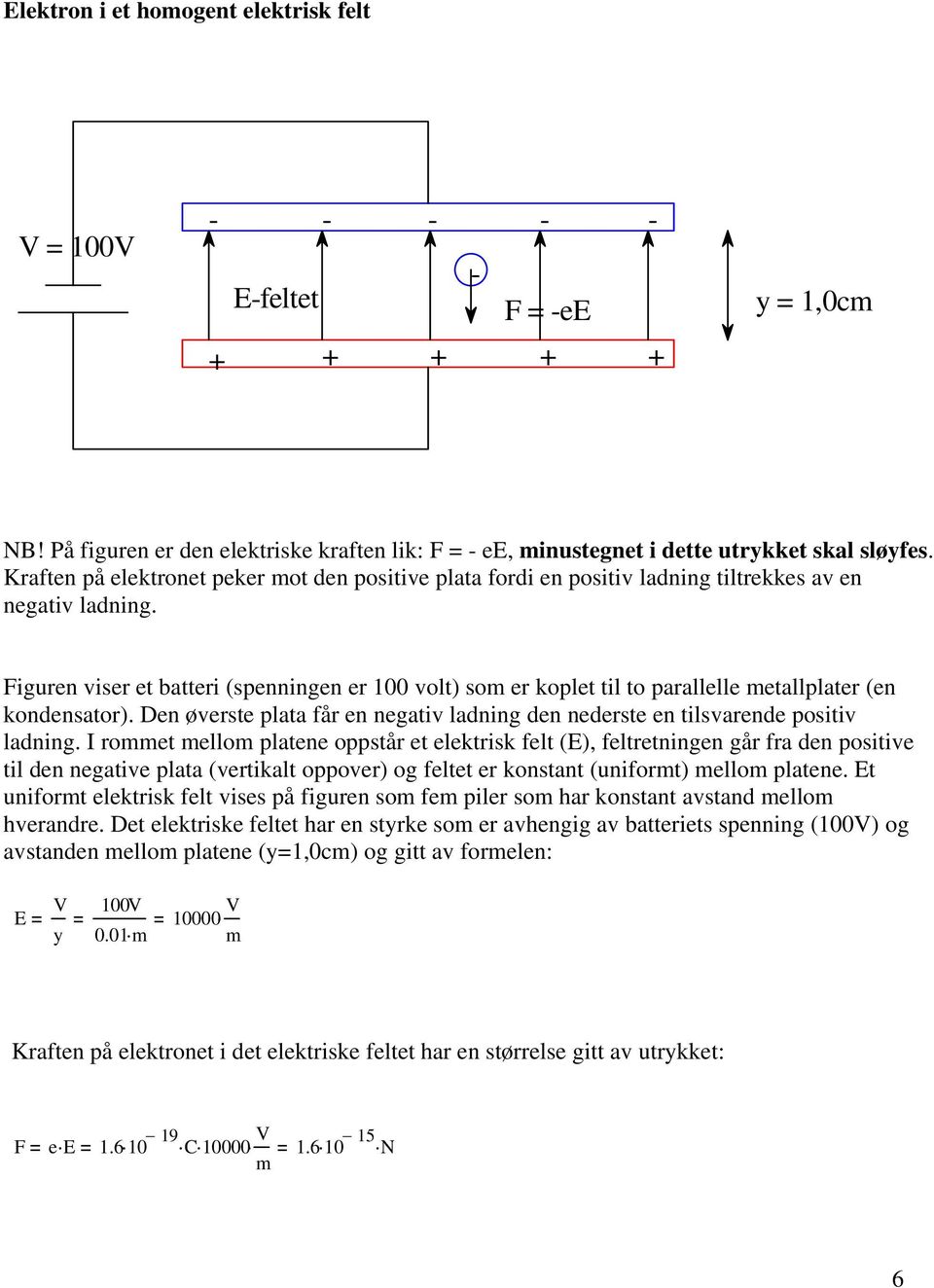 Figuren viser et batteri (spenningen er 100 volt) som er koplet til to parallelle metallplater (en kondensator). Den øverste plata får en negativ ladning den nederste en tilsvarende positiv ladning.