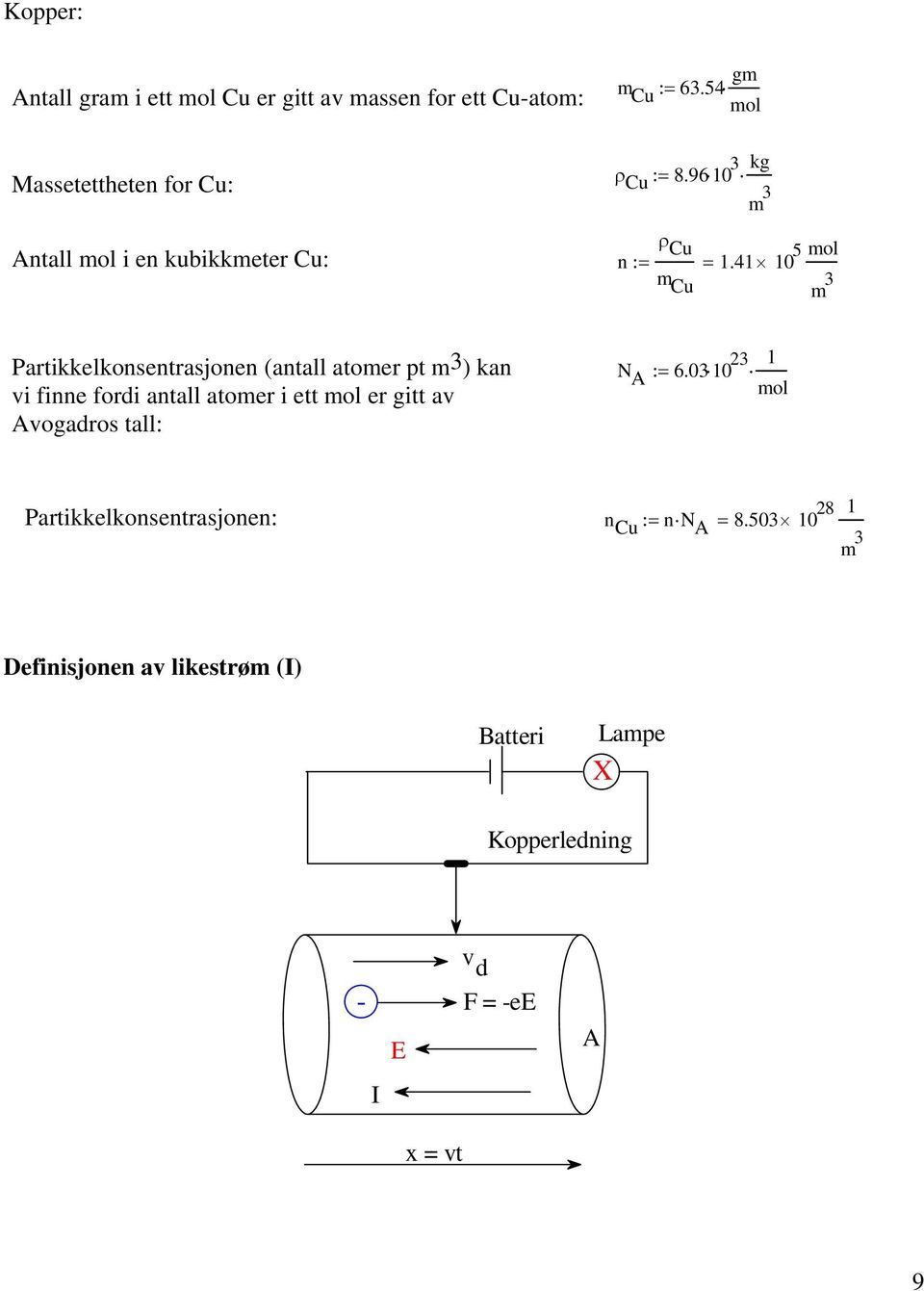 41 10 5 mol m Cu m 3 Partikkelkonsentrasjonen (antall atomer pt m 3 ) kan vi finne fordi antall atomer i ett mol er