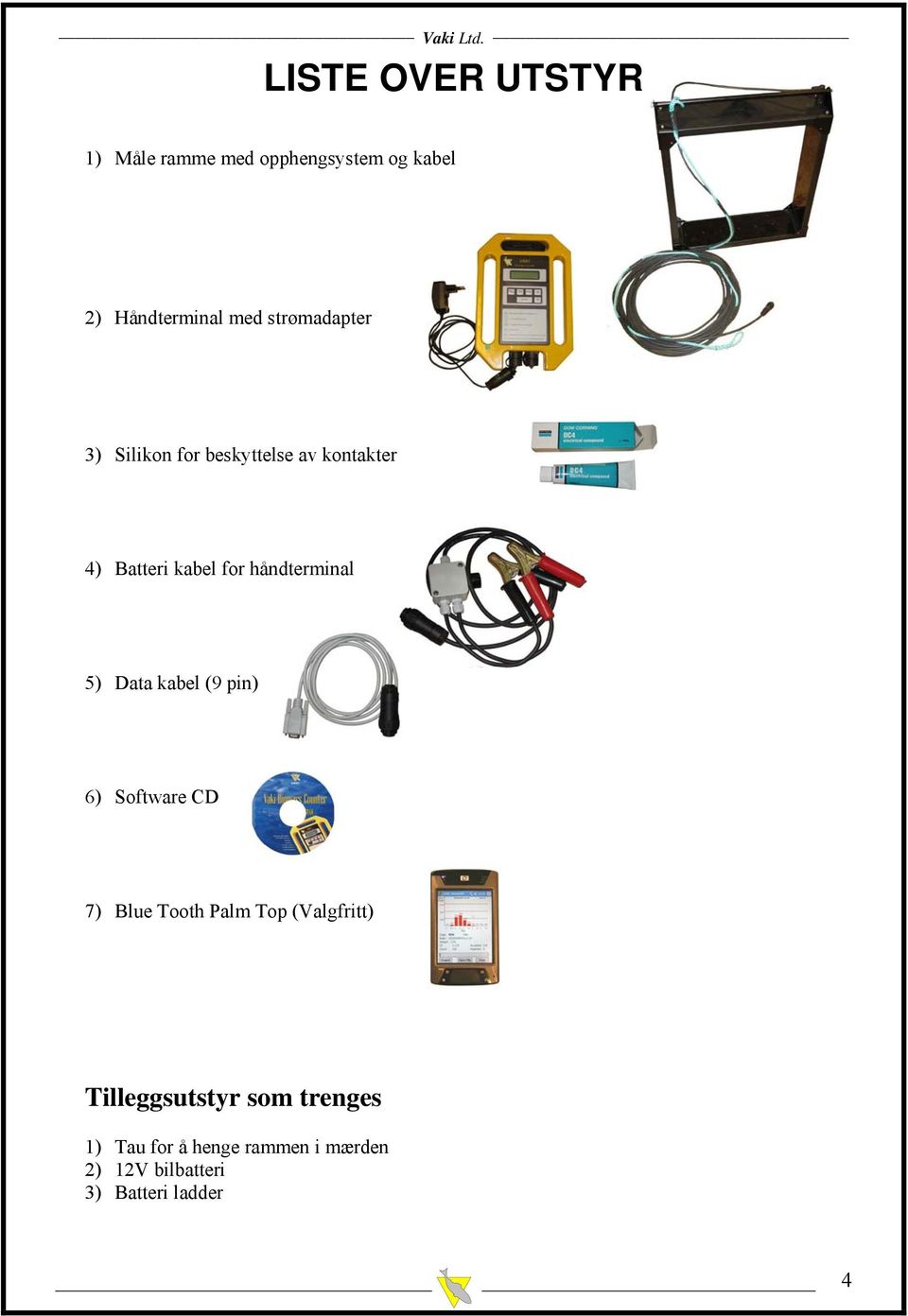 strømadapter 3) Silikon for beskyttelse av kontakter 4) Batteri kabel for håndterminal