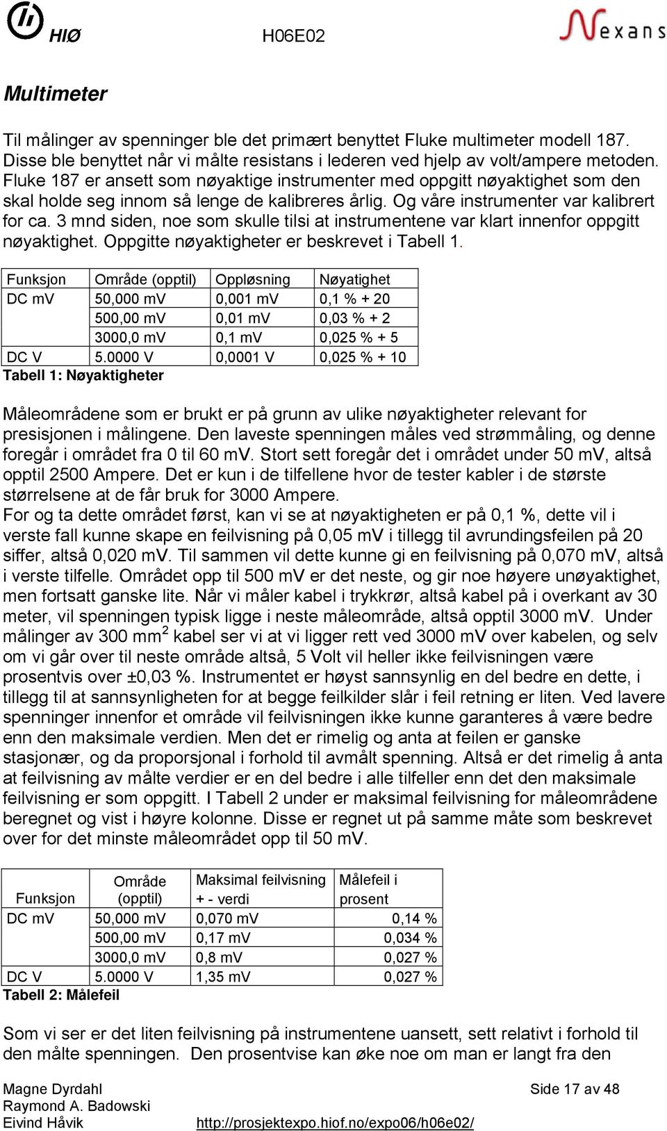 3 mnd siden, noe som skulle tilsi at instrumentene var klart innenfor oppgitt nøyaktighet. Oppgitte nøyaktigheter er beskrevet i Tabell 1.