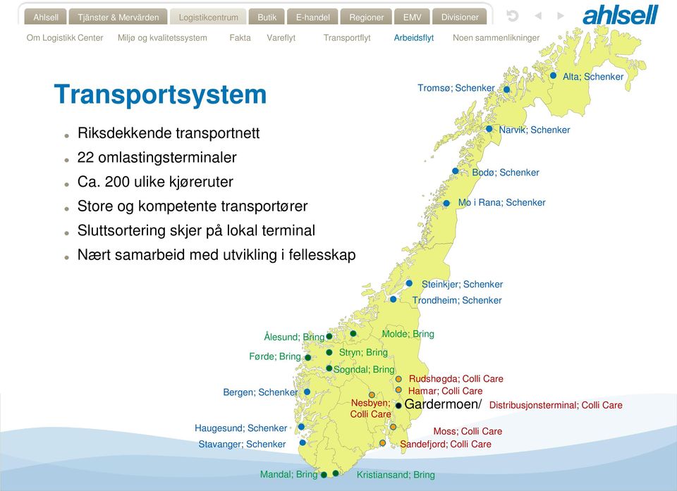 Schenker Mo i Rana; Schenker Steinkjer; Schenker Trondheim; Schenker Ålesund; Bring Førde; Bring Bergen; Schenker Haugesund; Schenker Stavanger; Schenker