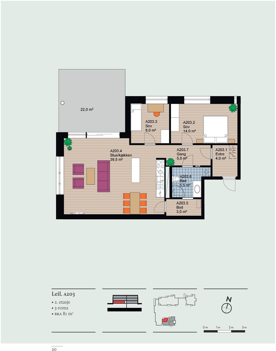 5 Bod 3,0 m² A202.1 Entre 7,0 m² Leil. a203 2. etasje Leil.