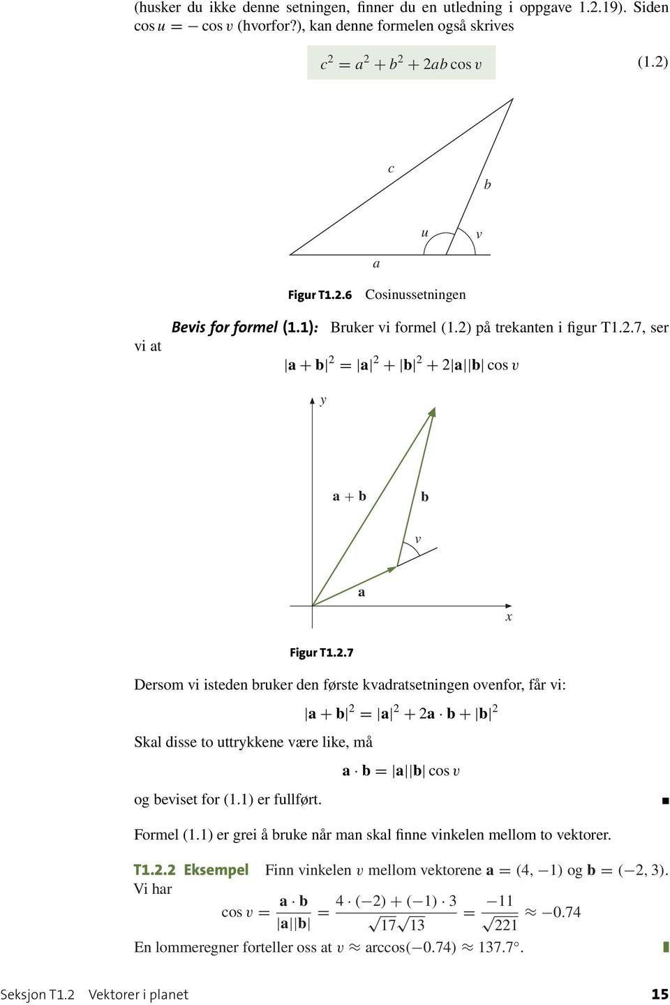 1) er fullført. = cos v Formel (1.1) er grei å ruke når mn skl finne vinkelen mellom to vektorer. T1.2.2 Eksempel Finn vinkelen v mellom vektorene = (4, 1) og = ( 2, 3).