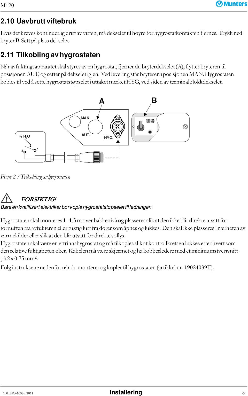Ved levering står bryteren i posisjonen MAN. Hygrostaten kobles til ved å sette hygrostatstøpselet i uttaket merket HYG, ved siden av terminalblokkdekselet. Figur 2.