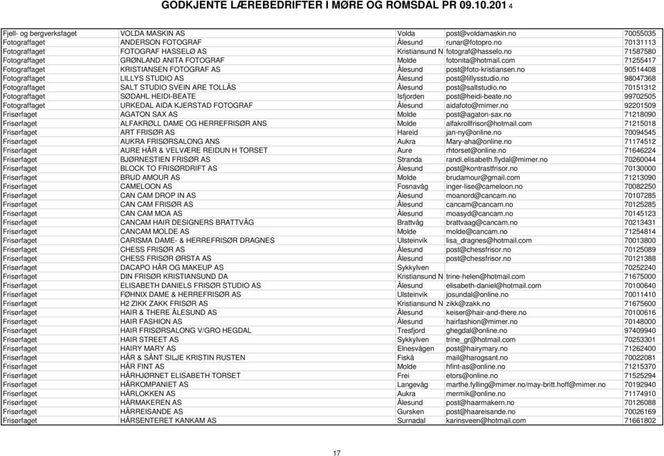 com 71255417 Fotograffaget KRISTIANSEN FOTOGRAF AS Ålesund post@foto-kristiansen.no 90514408 Fotograffaget LILLYS STUDIO AS Ålesund post@lillysstudio.