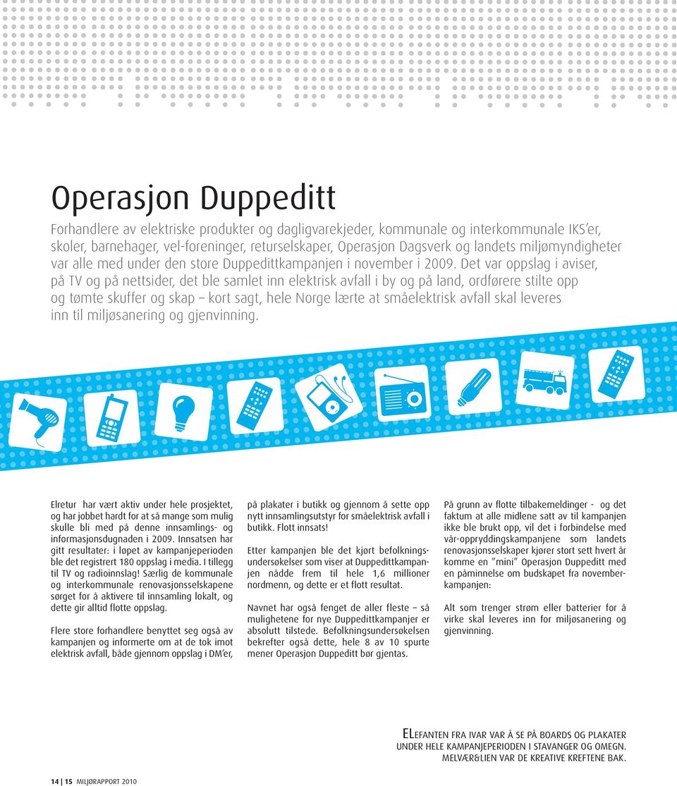 Det var oppslag i aviser, på TV og på nettsider, det ble samlet inn elektrisk avfall i by og på land, ordførere stilte opp og tømte skuffer og skap kort sagt, hele Norge lærte at småelektrisk avfall