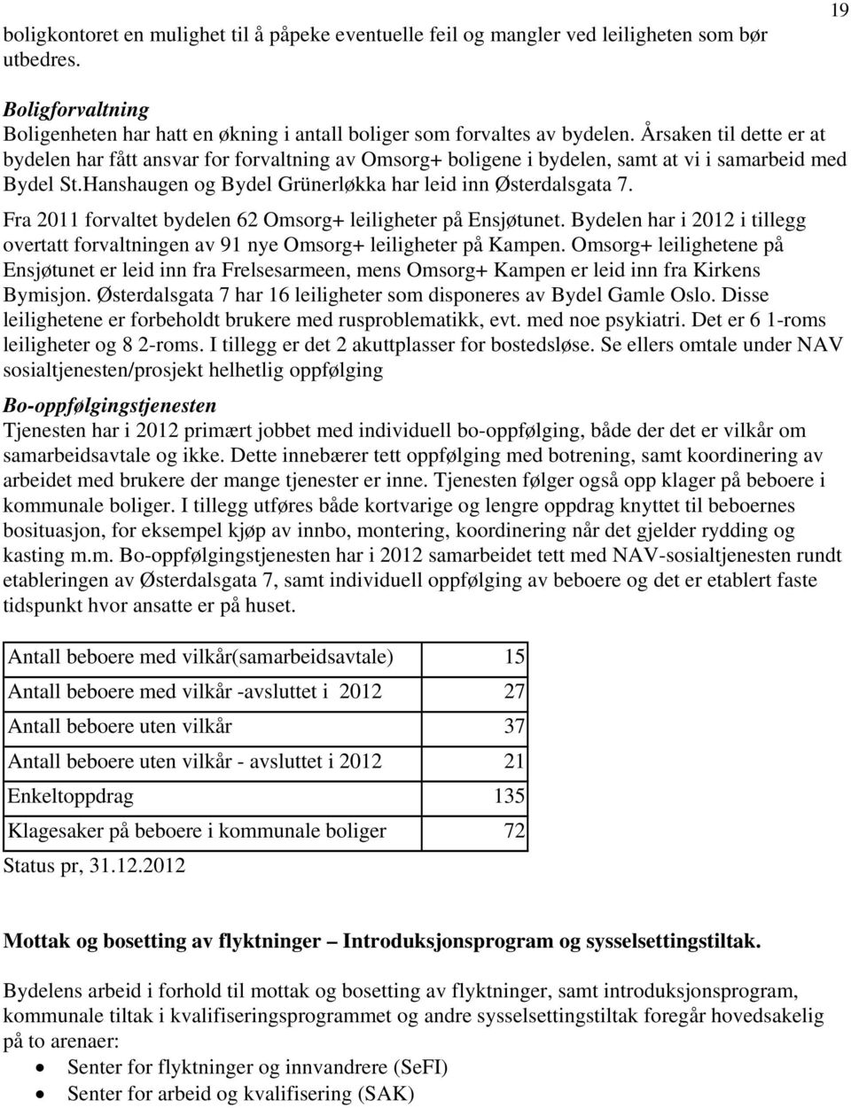 Fra 2011 forvaltet bydelen 62 Omsorg+ leiligheter på Ensjøtunet. Bydelen har i i tillegg overtatt forvaltningen av 91 nye Omsorg+ leiligheter på Kampen.