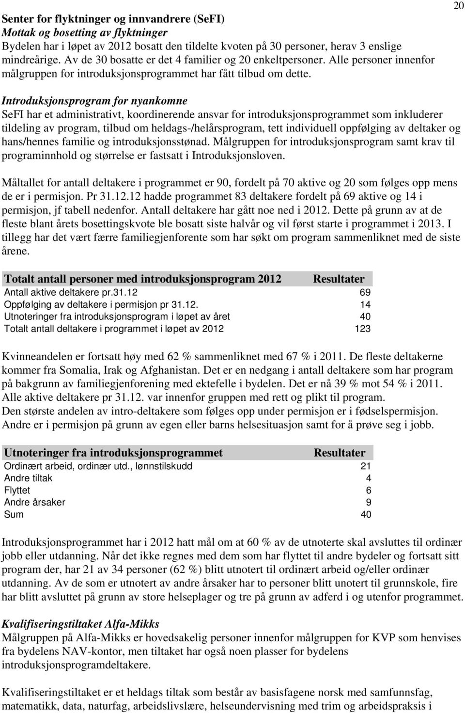 20 Introduksjonsprogram for nyankomne SeFI har et administrativt, koordinerende ansvar for introduksjonsprogrammet som inkluderer tildeling av program, tilbud om heldags-/helårsprogram, tett