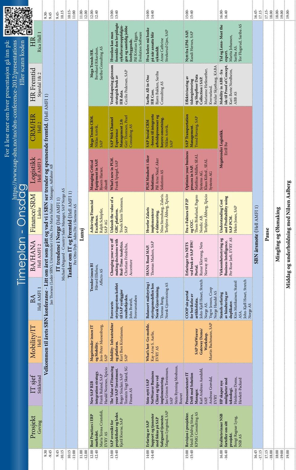 Roger Sinclair, SAP Torstein Vogt Skard, SG Finans AS Mobility/IT Hell 1 BA Hell AMFI 1 Timeplan - Onsdag BA/HANA Hell AMFI 2 Finance/SRM Lånke Logistikk Hell AMFI 3 CRM/HR Hell 2 Velkommen til årets