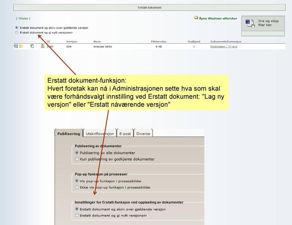 forhåndsvalgt innstilling ved Erstatt dokument: