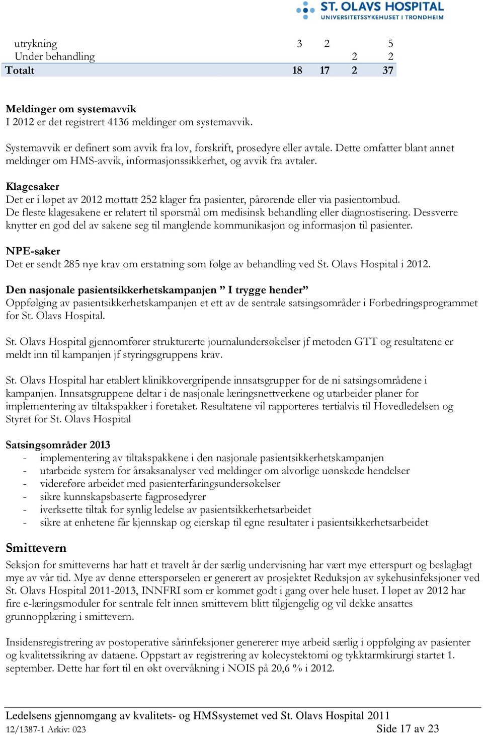 Klagesaker Det er i løpet av 2012 mottatt 252 klager fra pasienter, pårørende eller via pasientombud. De fleste klagesakene er relatert til spørsmål om medisinsk behandling eller diagnostisering.