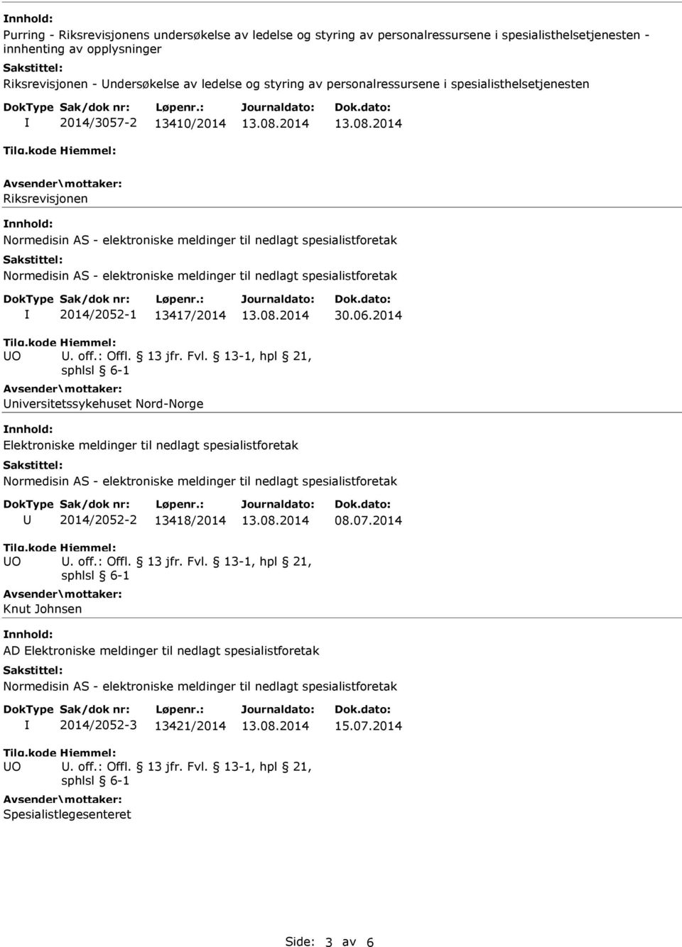 , hpl 21, Universitetssykehuset Nord-Norge nnhold: Elektroniske meldinger til nedlagt spesialistforetak U 2014/2052-2 13418/2014 08.07.2014 U. off.: Offl. 13 jfr. Fvl.