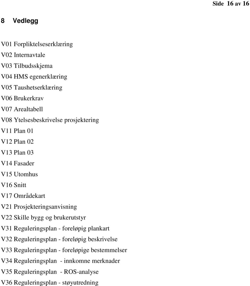 Prosjekteringsanvisning V22 Skille bygg og brukerutstyr V31 Reguleringsplan - foreløpig plankart V32 Reguleringsplan - foreløpig beskrivelse V33