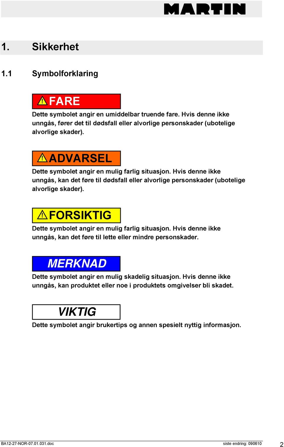 Hvis denne ikke unngås, kan det føre til dødsfall eller alvorlige personskader (ubotelige alvorlige skader).! FORSIKTIG Dette symbolet angir en mulig farlig situasjon.