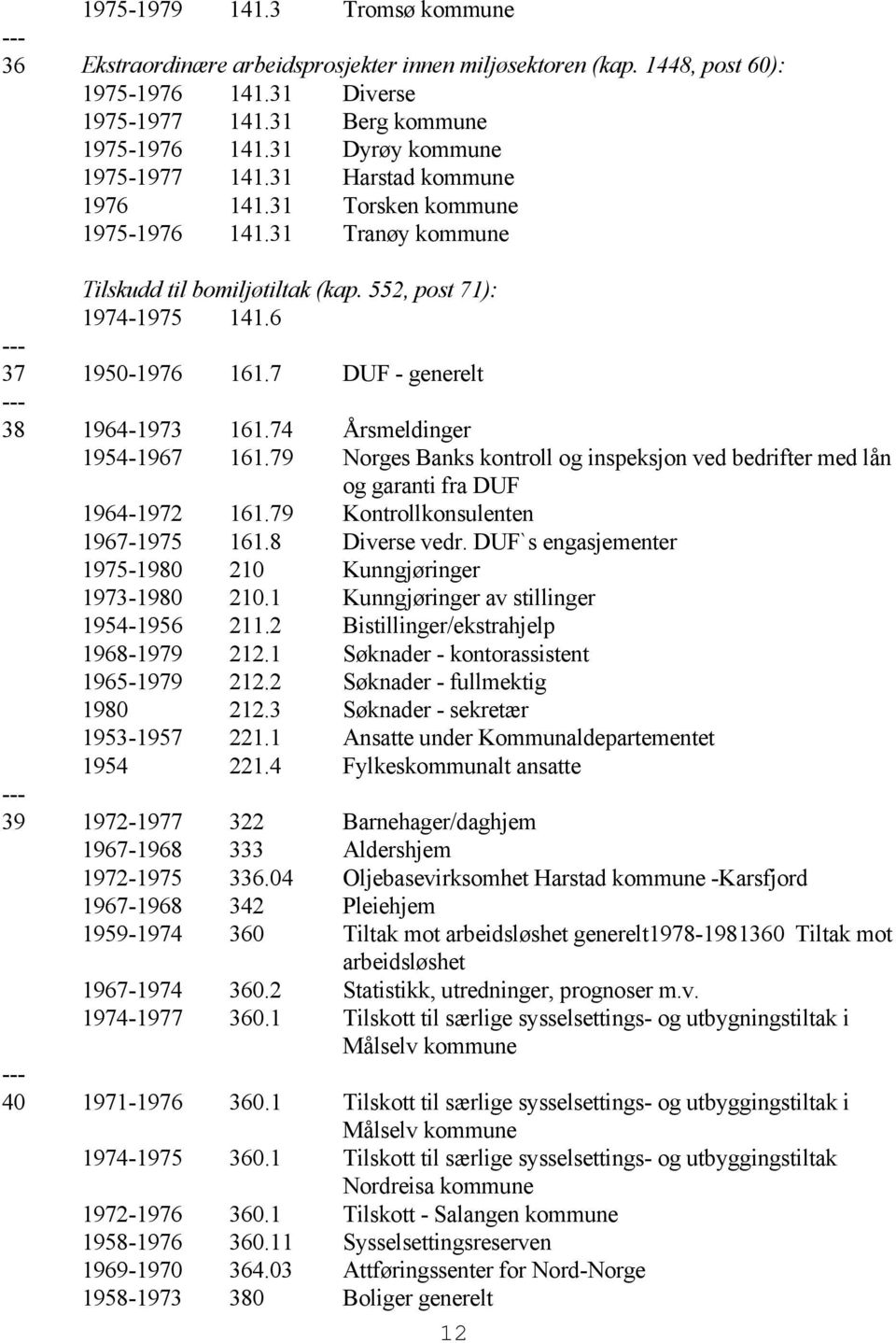 7 DUF - generelt 38 1964-1973 161.74 Årsmeldinger 1954-1967 161.79 Norges Banks kontroll og inspeksjon ved bedrifter med lån og garanti fra DUF 1964-1972 161.79 Kontrollkonsulenten 1967-1975 161.