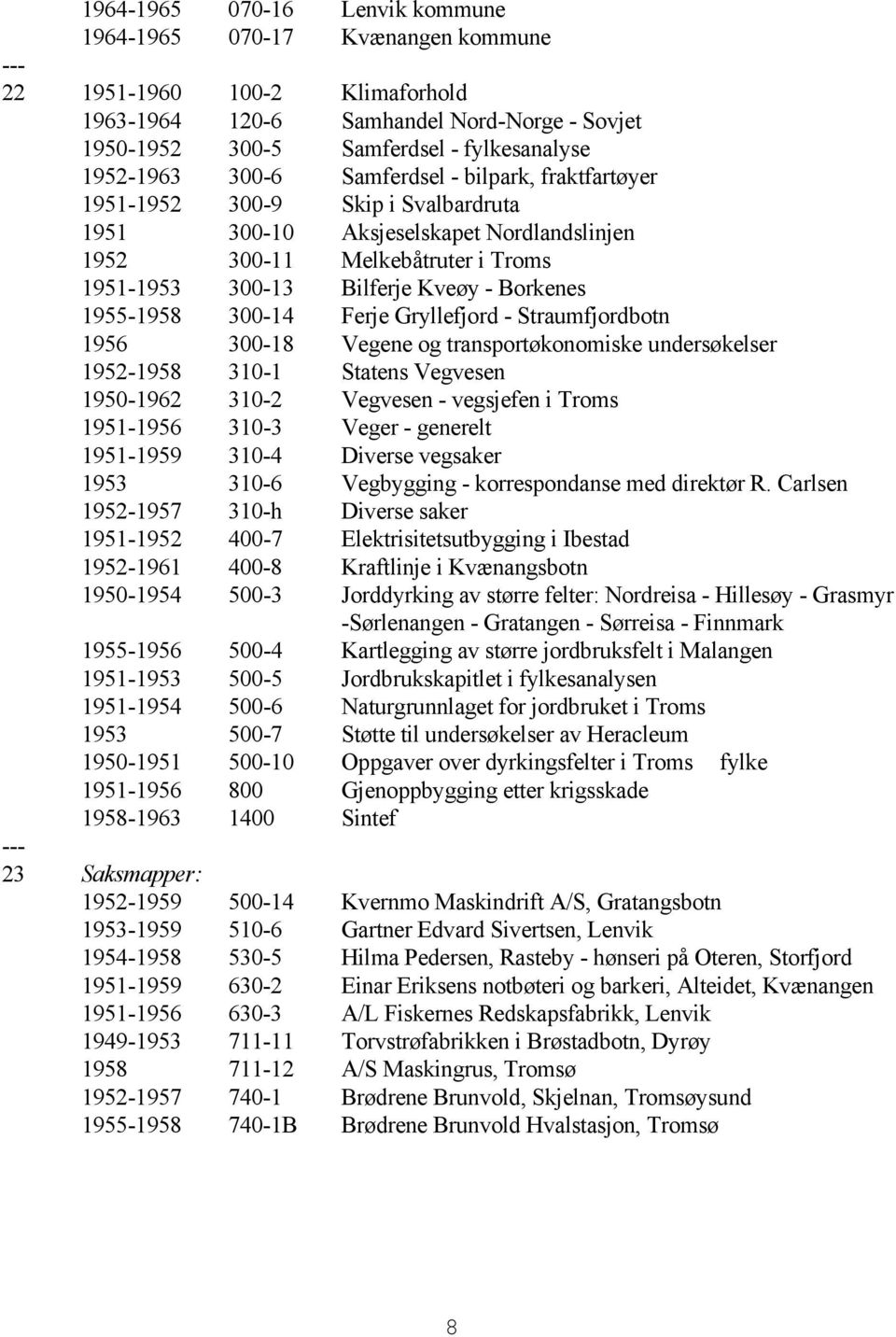 1955-1958 300-14 Ferje Gryllefjord - Straumfjordbotn 1956 300-18 Vegene og transportøkonomiske undersøkelser 1952-1958 310-1 Statens Vegvesen 1950-1962 310-2 Vegvesen - vegsjefen i Troms 1951-1956