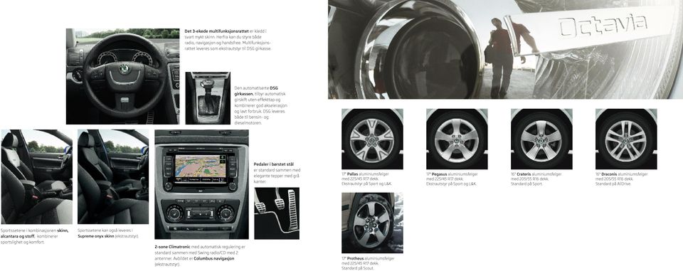 Pedaler i børstet stål er standard sammen med elegante tepper med grå kanter. 17 Pallas aluminiumsfelger med 225/45 R17 dekk. Ekstrautstyr på Sport og L&K.