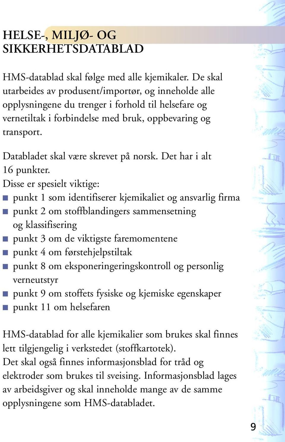 Databladet skal være skrevet på norsk. Det har i alt 16 punkter.