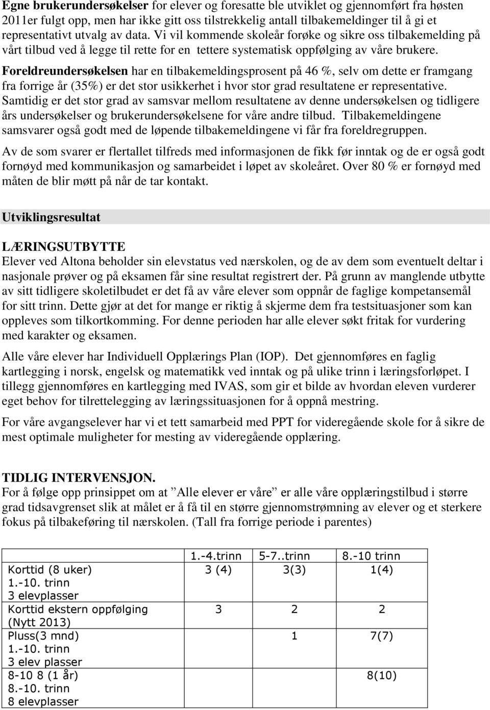 Foreldreundersøkelsen har en tilbakemeldingsprosent på 46 %, selv om dette er framgang fra forrige år (35%) er det stor usikkerhet i hvor stor grad resultatene er representative.