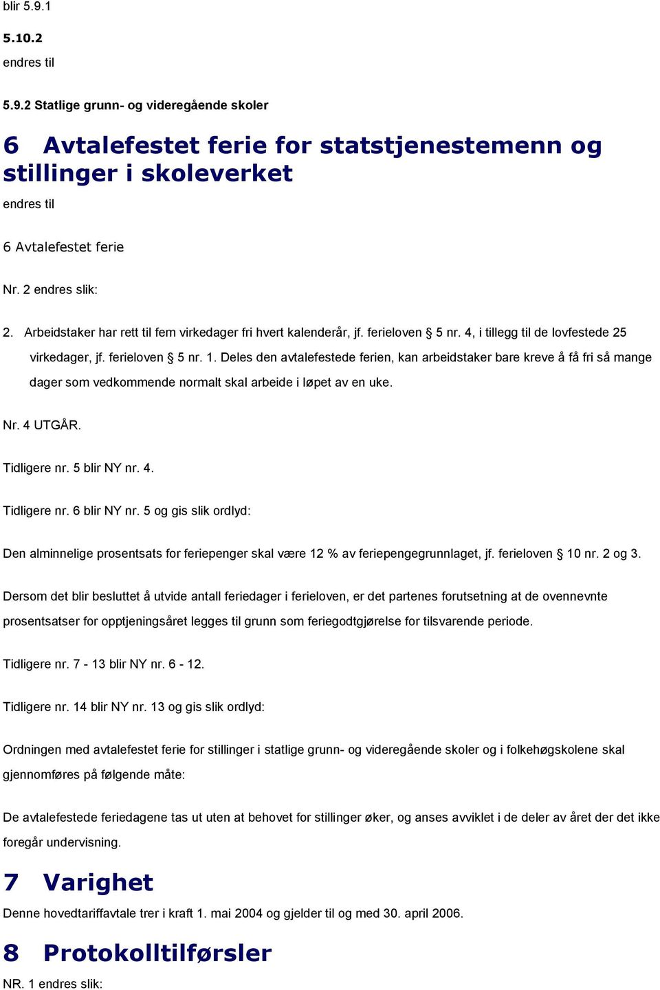 Deles den avtalefestede ferien, kan arbeidstaker bare kreve å få fri så mange dager som vedkommende normalt skal arbeide i løpet av en uke. Nr. 4 UTGÅR. Tidligere nr. 5 blir NY nr. 4. Tidligere nr. 6 blir NY nr.