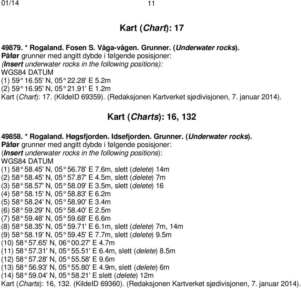 2m Kart (Chart): 17. (KildeID 69359). (Redaksjonen Kartverket sjødivisjonen, 7. januar 2014). Kart (Charts): 16, 132 49858. * Rogaland. Høgsfjorden. Idsefjorden. Grunner. (Underwater rocks).