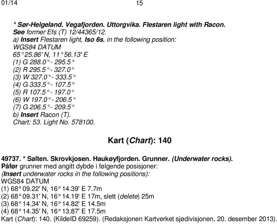 Kart (Chart): 140 49737. * Salten. Skrovkjosen. Haukøyfjorden. Grunner. (Underwater rocks).