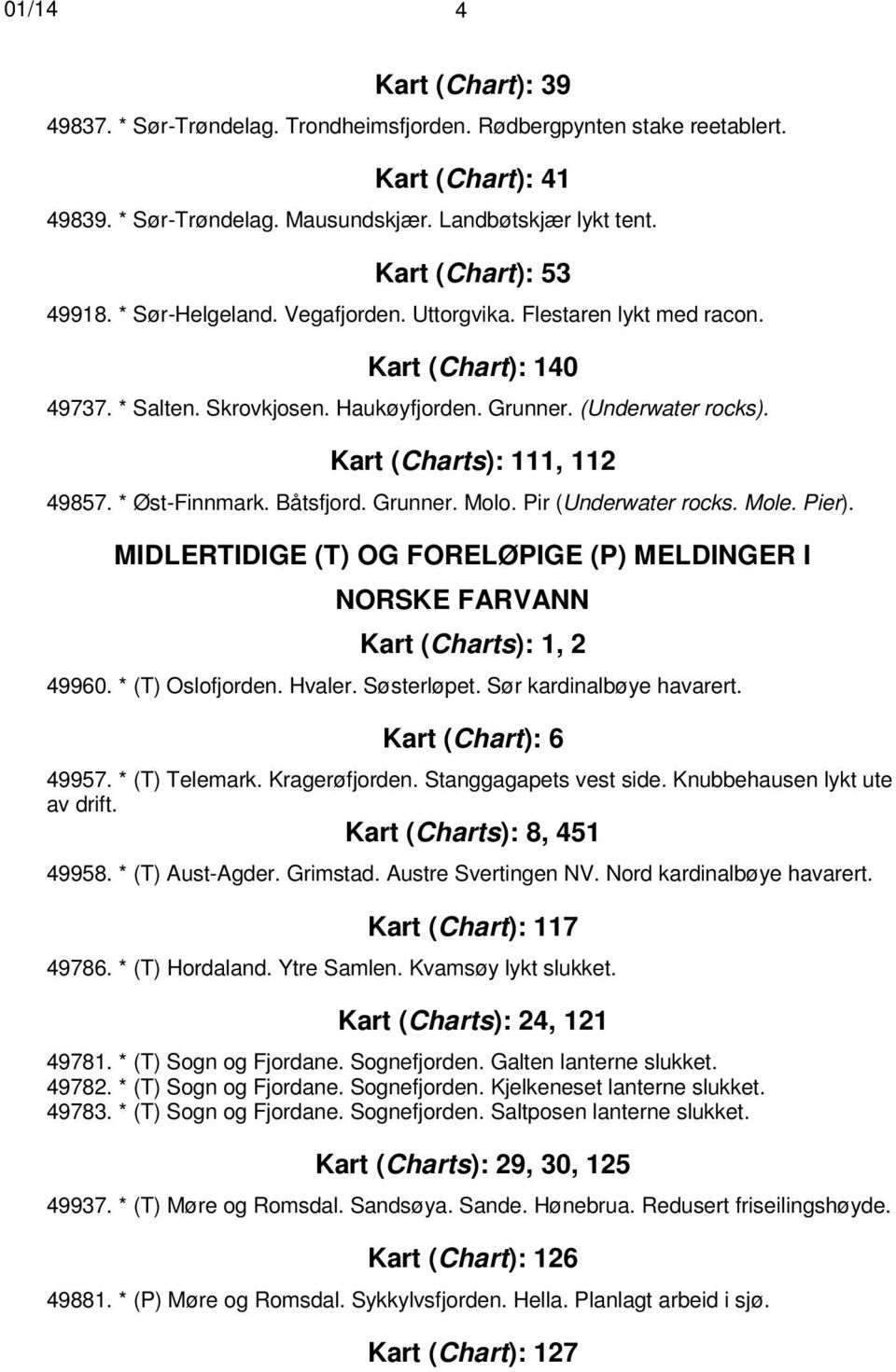 * Øst-Finnmark. Båtsfjord. Grunner. Molo. Pir (Underwater rocks. Mole. Pier). MIDLERTIDIGE (T) OG FORELØPIGE (P) MELDINGER I NORSKE FARVANN Kart (Charts): 1, 2 49960. * (T) Oslofjorden. Hvaler.