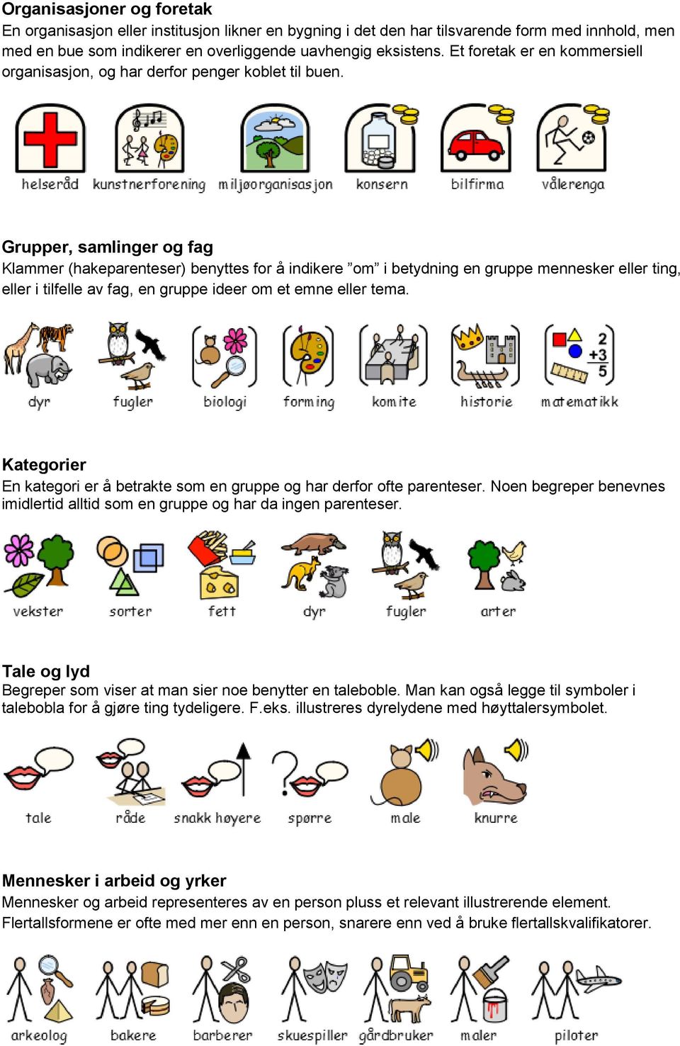 Grupper, samlinger og fag Klammer (hakeparenteser) benyttes for å indikere om i betydning en gruppe mennesker eller ting, eller i tilfelle av fag, en gruppe ideer om et emne eller tema.