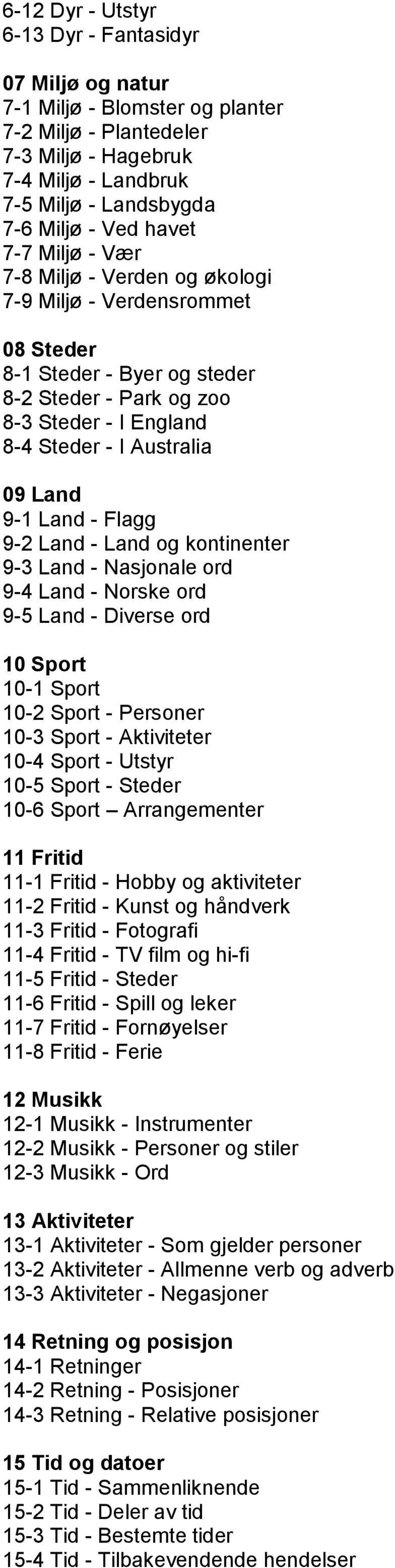 9-1 Land - Flagg 9-2 Land - Land og kontinenter 9-3 Land - Nasjonale ord 9-4 Land - Norske ord 9-5 Land - Diverse ord 10 Sport 10-1 Sport 10-2 Sport - Personer 10-3 Sport - Aktiviteter 10-4 Sport -