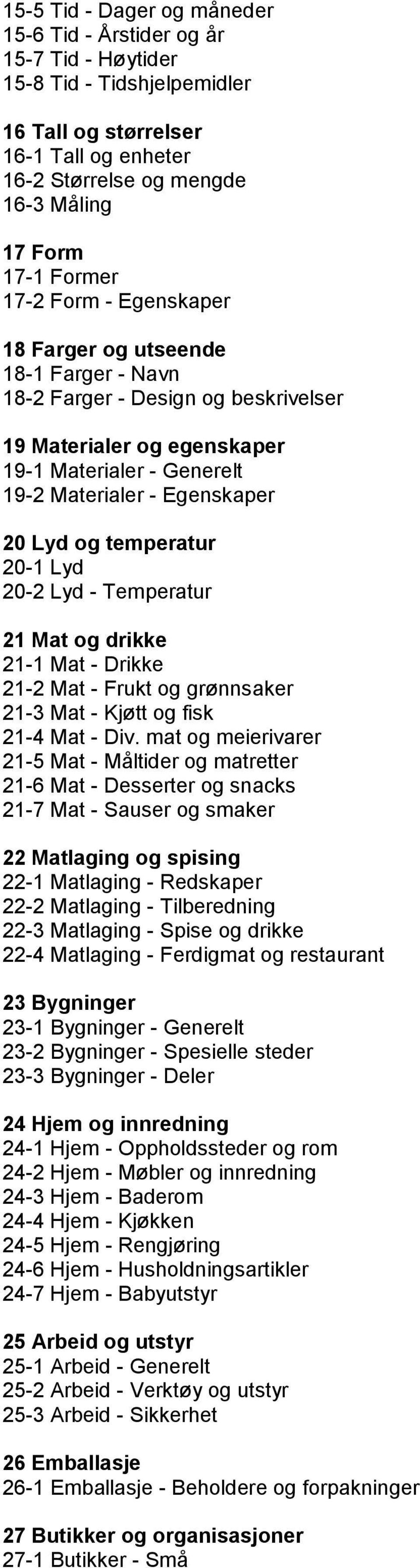 og temperatur 20-1 Lyd 20-2 Lyd - Temperatur 21 Mat og drikke 21-1 Mat - Drikke 21-2 Mat - Frukt og grønnsaker 21-3 Mat - Kjøtt og fisk 21-4 Mat - Div.