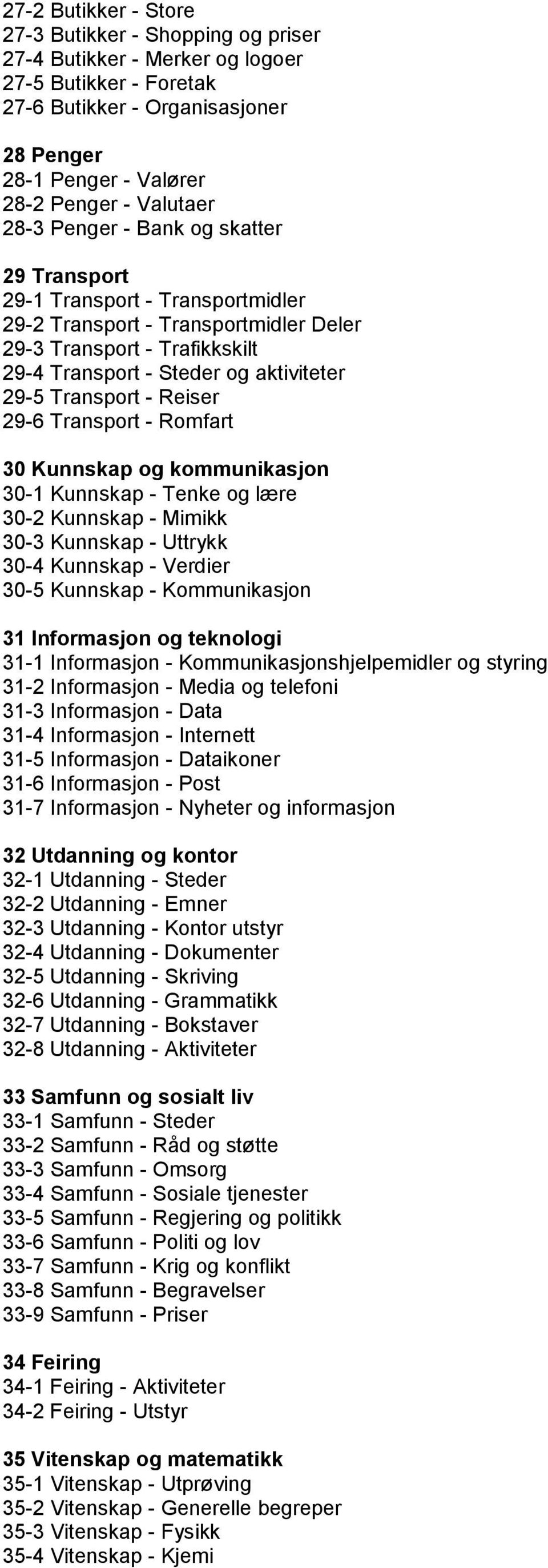 - Reiser 29-6 Transport - Romfart 30 Kunnskap og kommunikasjon 30-1 Kunnskap - Tenke og lære 30-2 Kunnskap - Mimikk 30-3 Kunnskap - Uttrykk 30-4 Kunnskap - Verdier 30-5 Kunnskap - Kommunikasjon 31