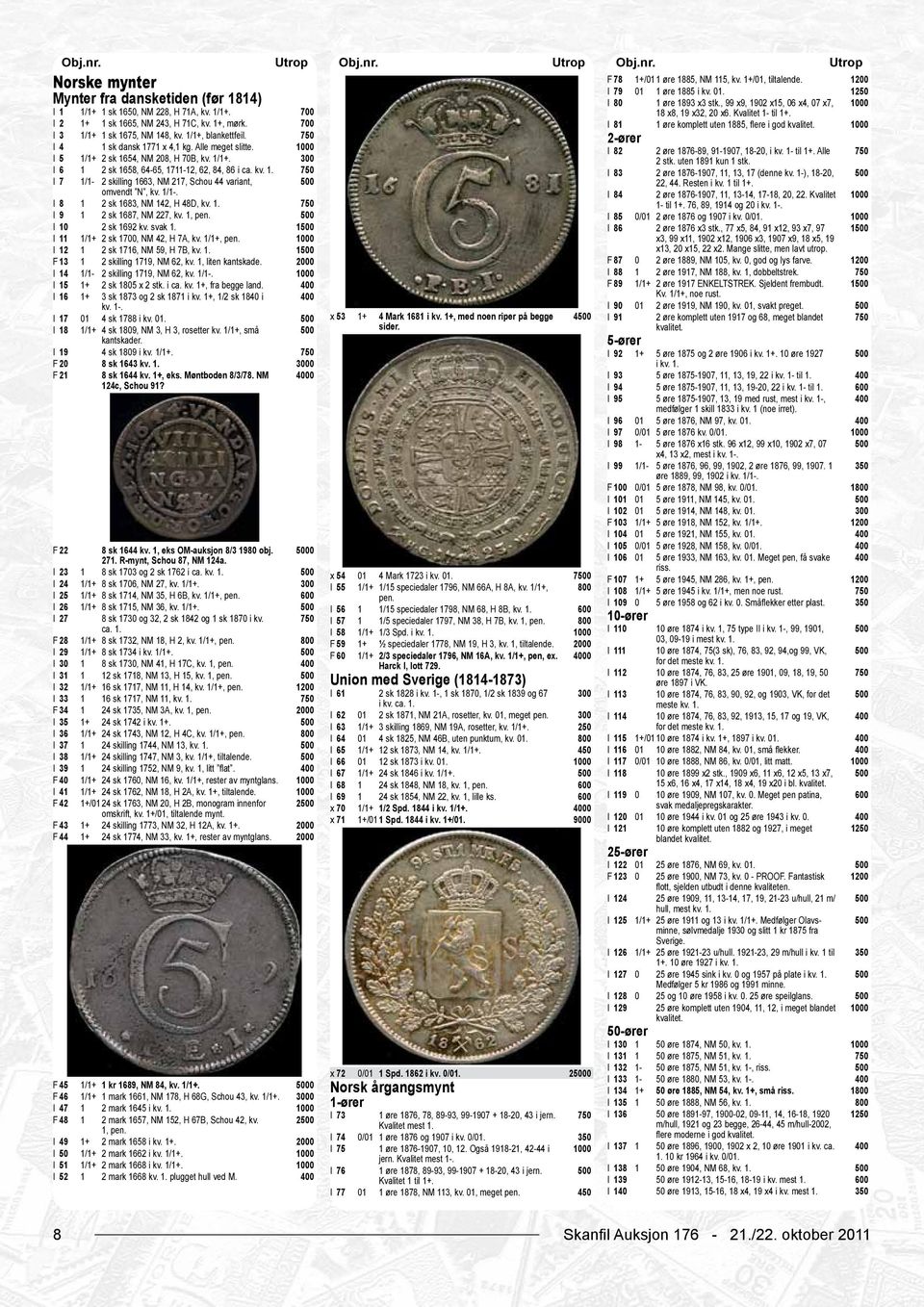 I 81 1 øre komplett uten 1885, flere i god kvalitet. I 3 1/1+ 1 sk 1675, NM 148, kv. 1/1+, blankettfeil. 2-ører I 4 1 sk dansk 1771 x 4,1 kg. Alle meget slitte.