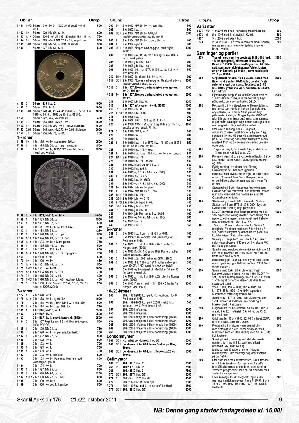 medaljepregkarakter, nydelig mynt! F 277 5 kr 2 med skjevt hull. 0 I 144 1+ 50 øre 1923, u/hull, NM 57, kv. 1+, meget pen. I 203 1 2 kr 1904, NM 29, kv. 1, pen, lite riss. F 278 20 kr PRØVE.