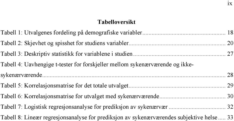 .. 27 Tabell 4: Uavhengige t-tester for forskjeller mellom sykenærværende og ikkesykenærværende.