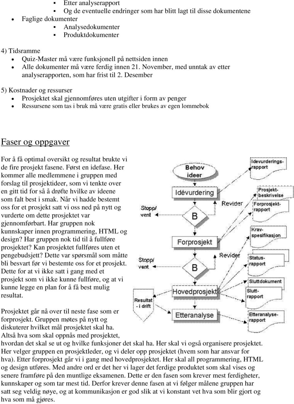Desember 5) Kostnader og ressurser Prosjektet skal gjennomføres uten utgifter i form av penger Ressursene som tas i bruk må være gratis eller brukes av egen lommebok Faser og oppgaver For å få