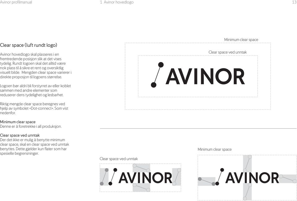 Minimum clear space Clear space ved unntak Logoen bør aldri bli forstyrret av eller koblet sammen med andre elementer som reduserer dens tydelighet og lesbarhet.