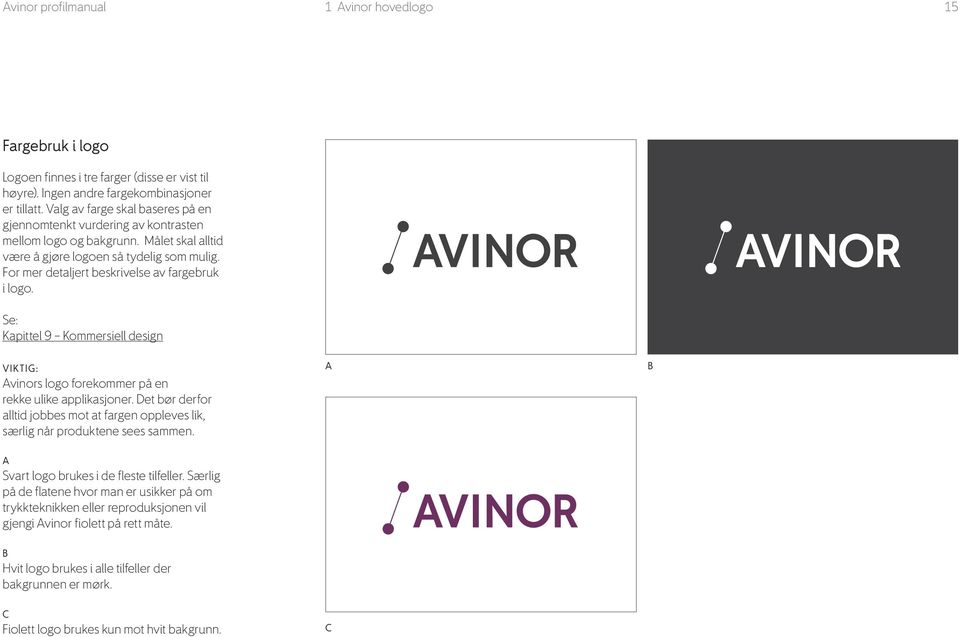 For mer detaljert beskrivelse av fargebruk i logo. Se: Kapittel 9 Kommersiell design VIKTIG: Avinors logo forekommer på en rekke ulike applikasjoner.