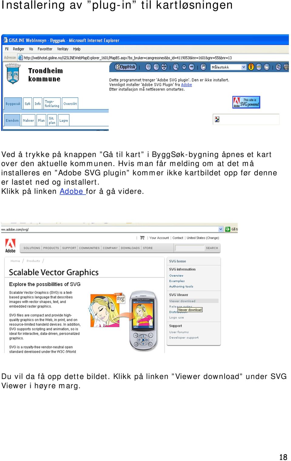 Hvis man får melding om at det må installeres en Adobe SVG plugin kommer ikke kartbildet opp før