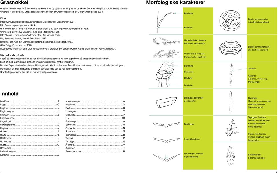1988. Våre viktigste grasarter i eng, beite og plener. Øvelseshefte. NLH. Grønnerød Bjørn 1986 Grasarter. Eng-og beitedyrking. NLH. http://linnaeus.nrm.se/flora/welcome.html. Den virtuela floran.